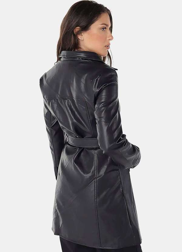Sob - Casaco Trench Coat Pu Preto Longo Forrado - Preto 4