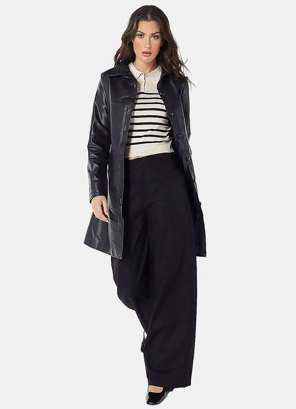 Sob - Casaco Trench Coat Pu Preto Longo Forrado - Preto 5