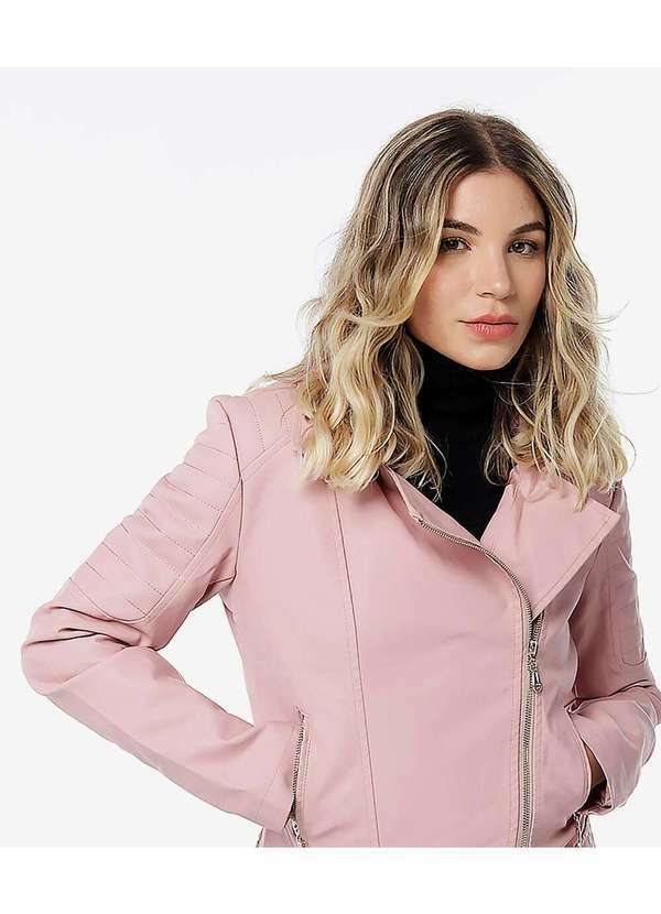 Sob - Jaqueta de Pu Forrada Pelúcia Leve Feminina Rosa