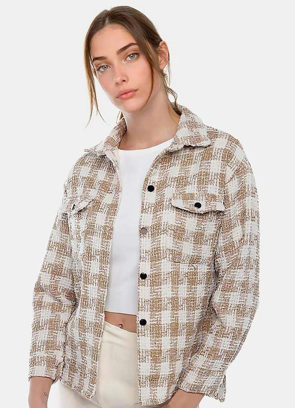 Sob - Jaqueta Xadrez Bege Feminina de Lã Tweed com Bolsos - Bege