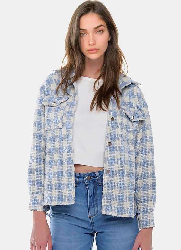 Sob Jaqueta Xadrez Feminina de Lã Tweed Azul Clara com Bolsos Azul