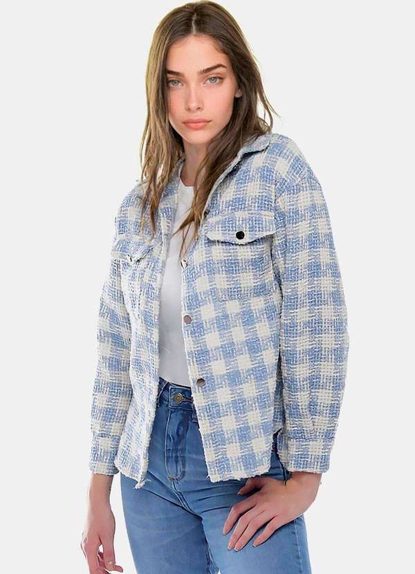 Sob - Jaqueta Xadrez Feminina de Lã Tweed Azul Clara com Bolsos - Azul 2