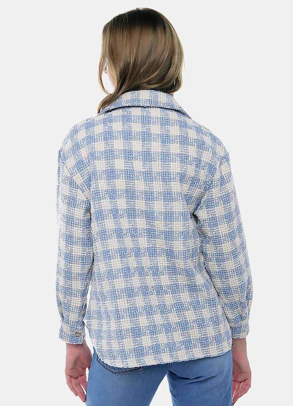 Sob - Jaqueta Xadrez Feminina de Lã Tweed Azul Clara com Bolsos - Azul 3