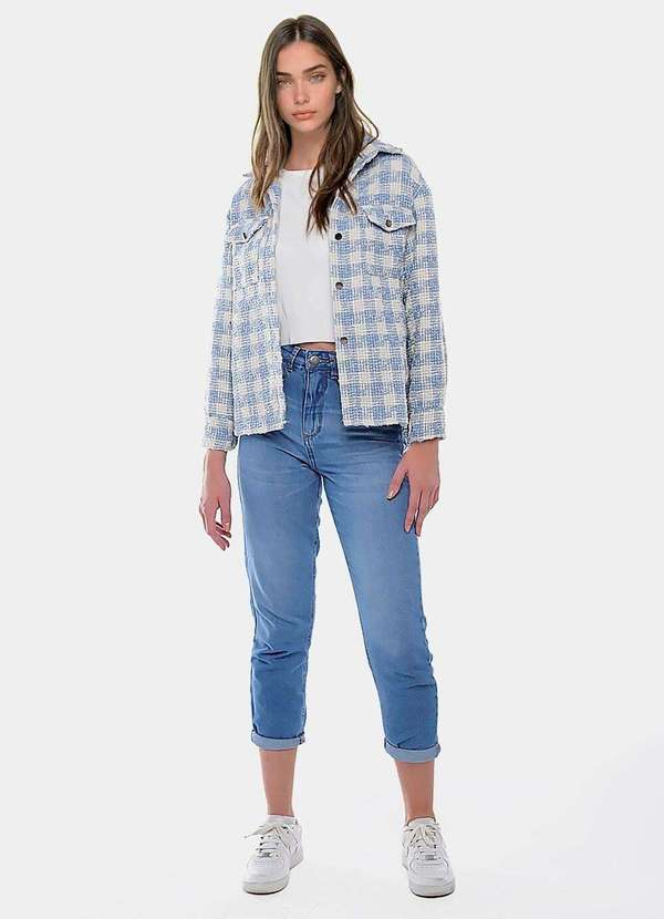 Sob - Jaqueta Xadrez Feminina de Lã Tweed Azul Clara com Bolsos - Azul 4