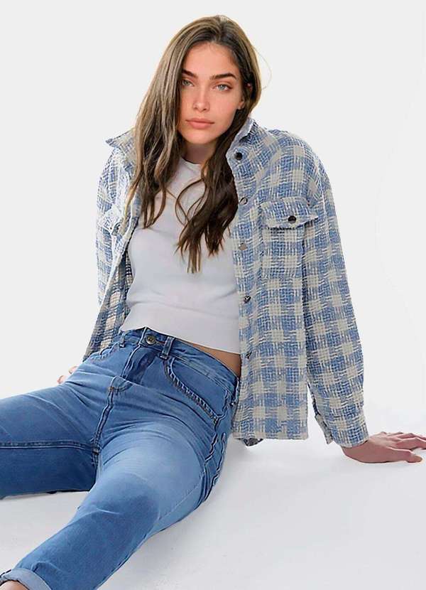 Sob - Jaqueta Xadrez Feminina de Lã Tweed Azul Clara com Bolsos - Azul 5