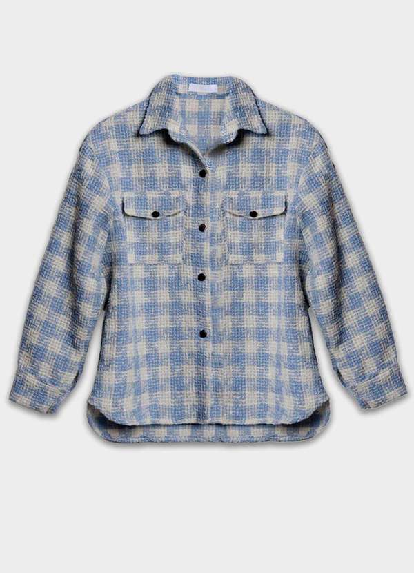 Sob - Jaqueta Xadrez Feminina de Lã Tweed Azul Clara com Bolsos - Azul 6