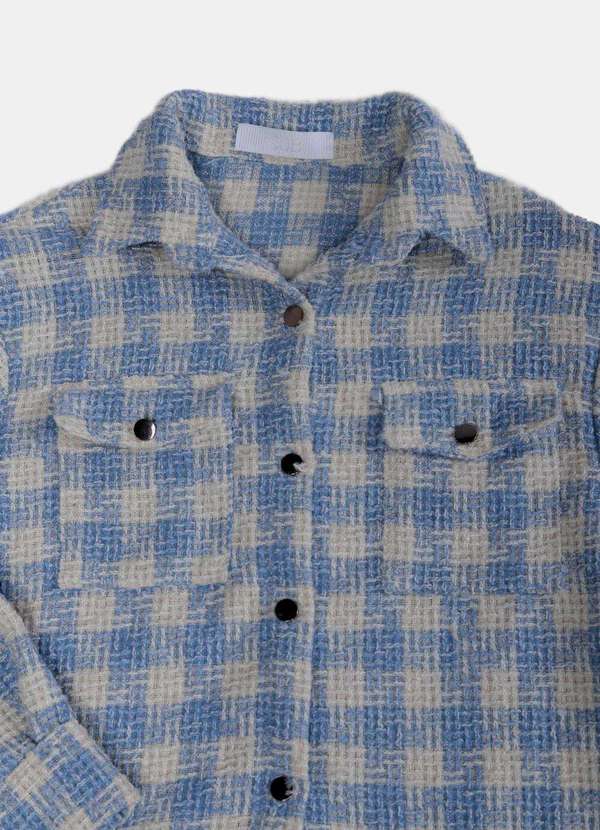Sob - Jaqueta Xadrez Feminina de Lã Tweed Azul Clara com Bolsos - Azul 7