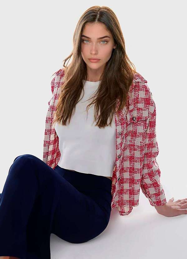 Sob - Jaqueta Xadrez Feminina de Lã Tweed Rosa com Bolsos - Rosa