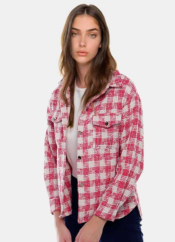 Jaqueta Xadrez Feminina de Lã Tweed Rosa com Bolsos Rosa Sob Moda