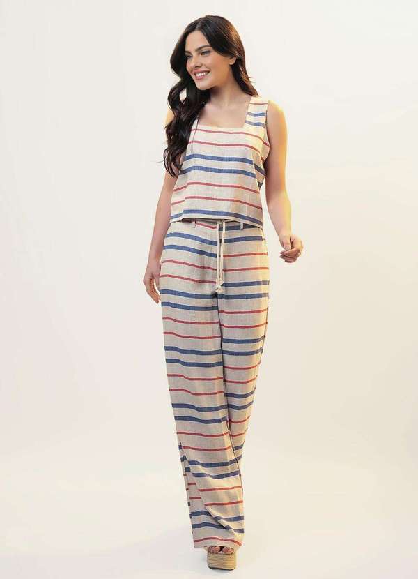 Sob - Conjunto de Linho Areia Listrado Calça Pantalona Top Alças - Vermelho