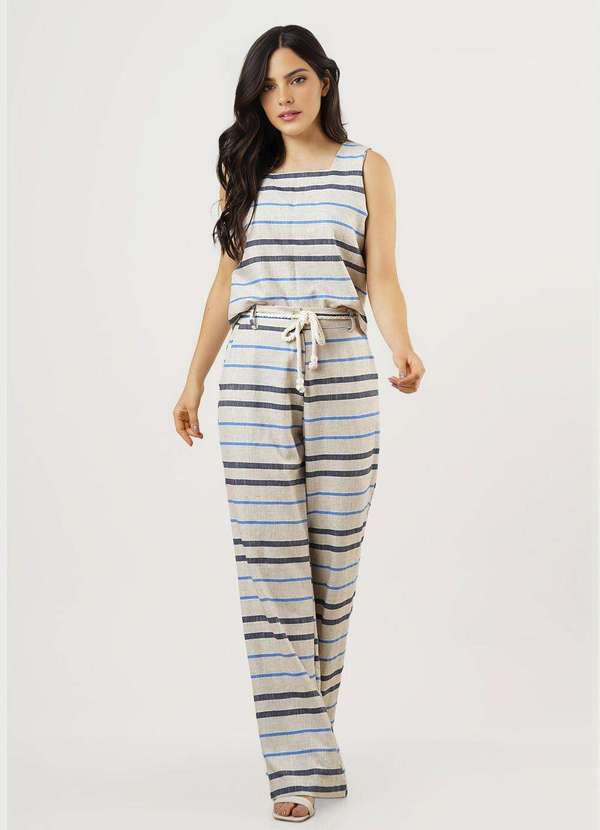 Sob - Conjunto de Linho Areia Listrado Calça Pantalona Top Alças - Azul 2