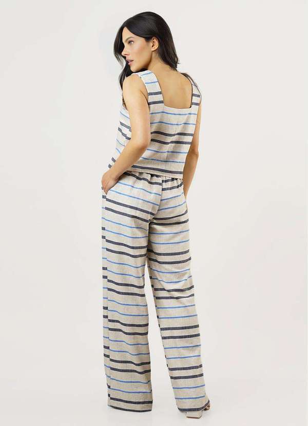 Sob - Conjunto de Linho Areia Listrado Calça Pantalona Top Alças - Azul 3