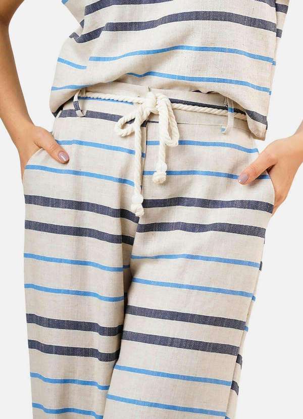Sob - Conjunto de Linho Areia Listrado Calça Pantalona Top Alças - Azul 4