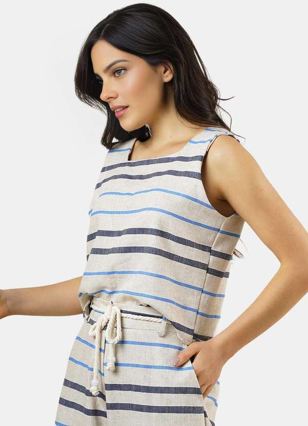 Sob - Conjunto de Linho Areia Listrado Calça Pantalona Top Alças - Azul 5
