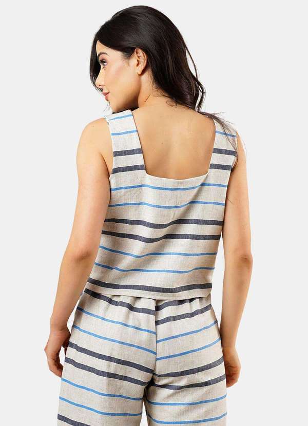 Sob - Conjunto de Linho Areia Listrado Calça Pantalona Top Alças - Azul 6
