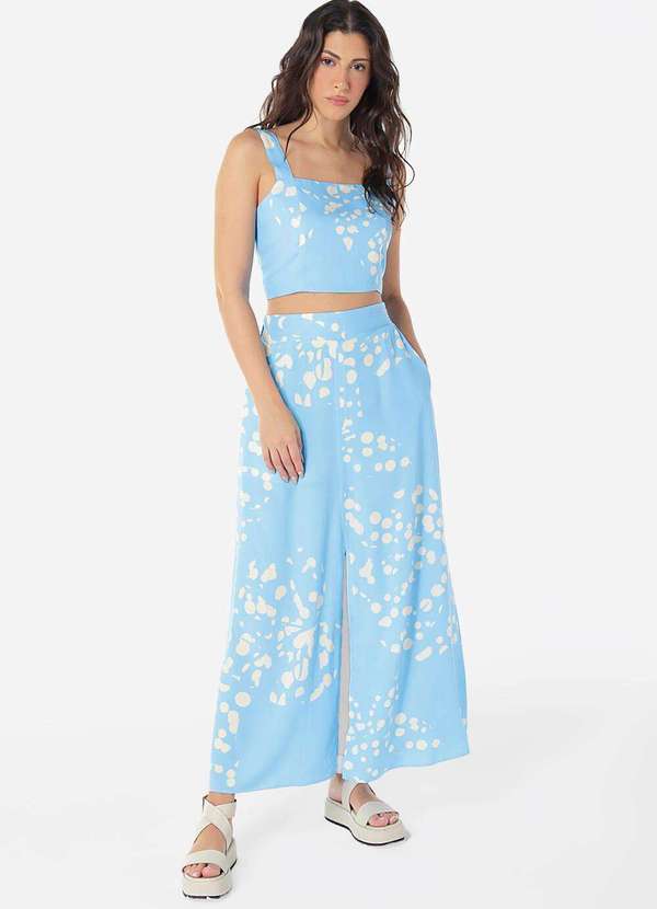 Sob - Conjunto Saia Longa com Bolsos e Top Estampado Azul Sob - Azul