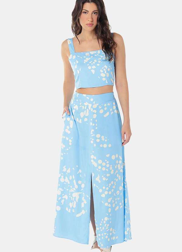 Sob - Conjunto Saia  Longa com Bolsos e Top Estampado Azul Sob - Azul 2