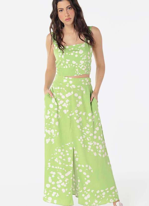 Sob - Conjunto Saia  Longa com Bolsos e Top Estampado Verde Sob - Verde