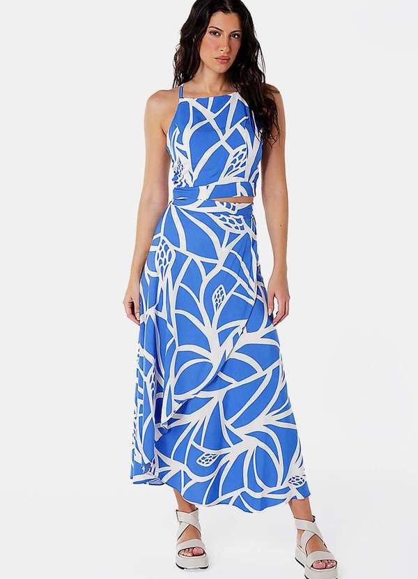 Sob - Conjunto Saia Longa e Blusa com Bojo Estampado - Azul