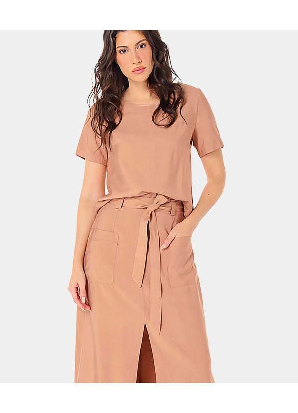 Sob - Conjunto Saia Midi e Blusa com Manga - Marrom 2