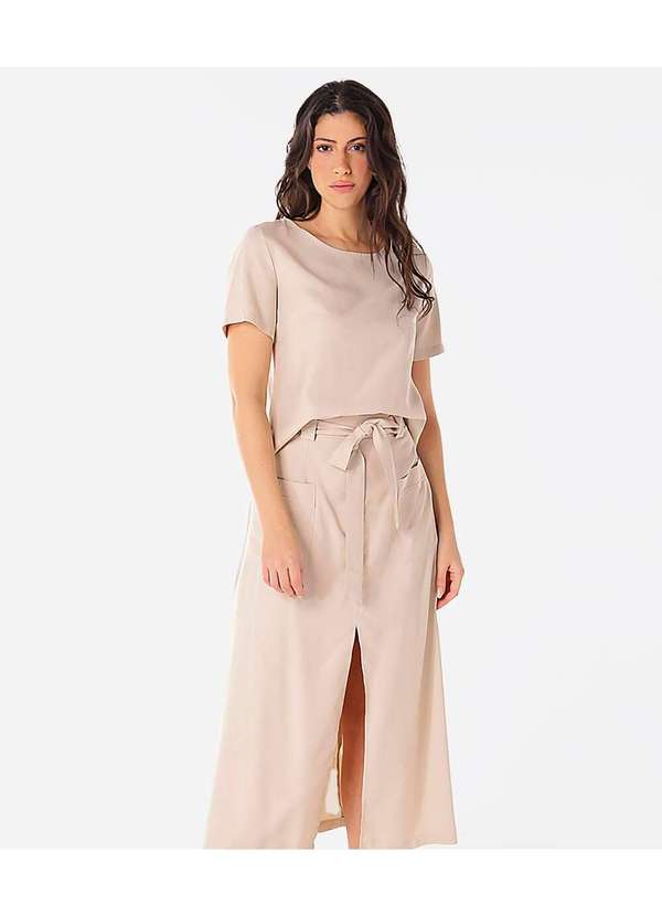 Sob - Conjunto Saia Midi e Blusa com Manga - Bege
