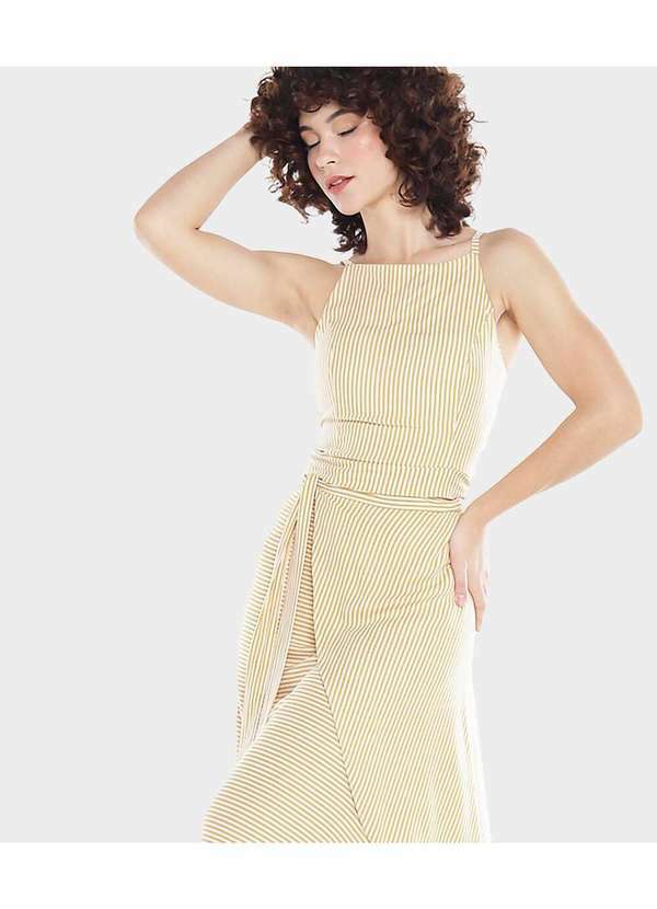 Sob - Conjunto Saia Longa e Blusa Listrado - Bege