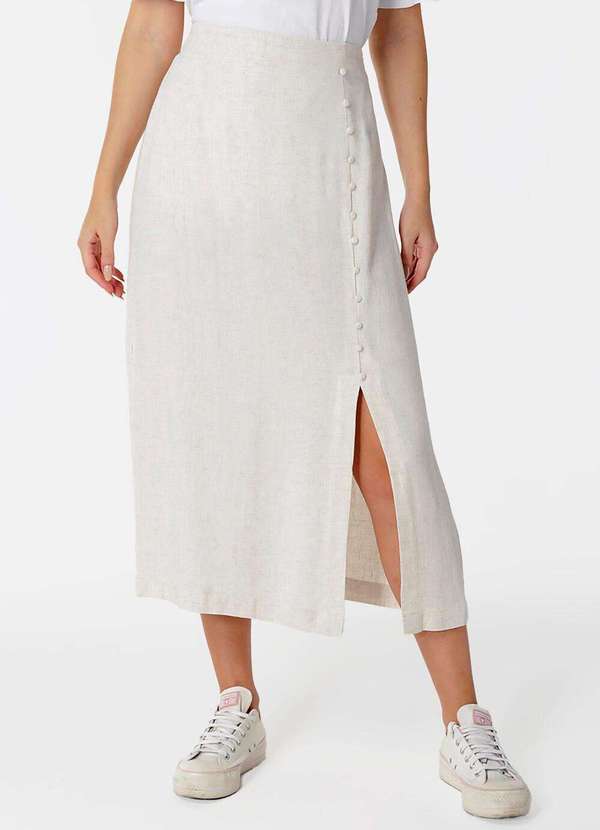 Sob - Saia de Linho Longa Bege Claro com Fenda e Botões Bege