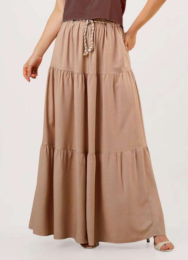 Saia Longa Bege Mocca Rodada em Camadas Viscose com Cordão Bege