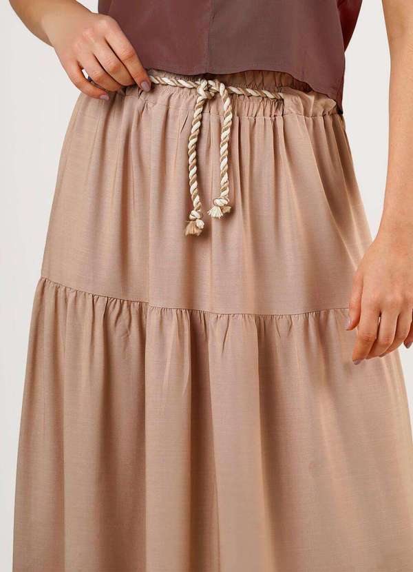 Saia Longa Bege Mocca Rodada em Camadas Viscose com Cordão Bege