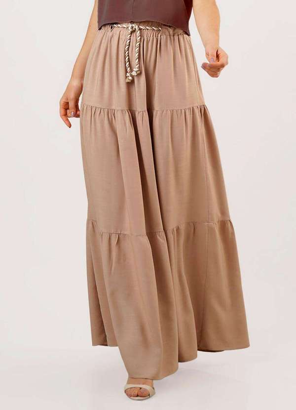 Sob - Saia Longa Bege Mocca Rodada em Camadas Viscose com Cordão - Bege 3