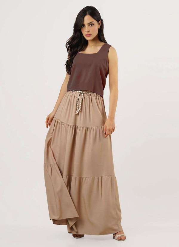Sob - Saia Longa Bege Mocca Rodada em Camadas Viscose com Cordão - Bege 4