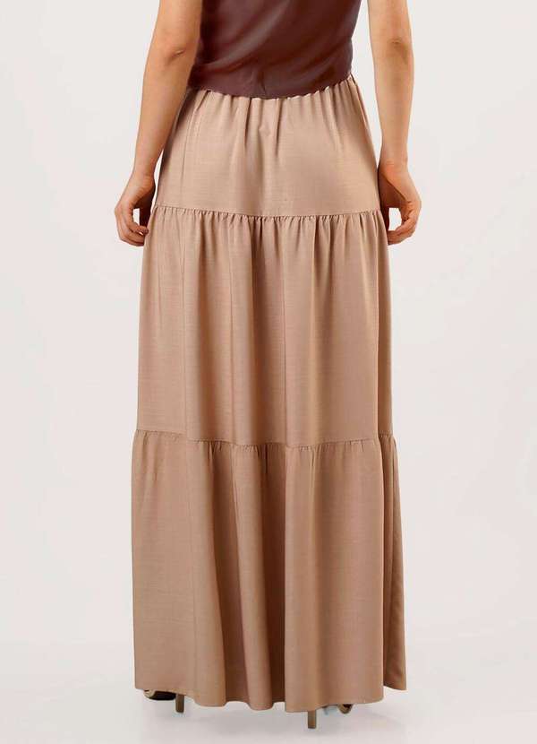 Sob - Saia Longa Bege Mocca Rodada em Camadas Viscose com Cordão - Bege 5