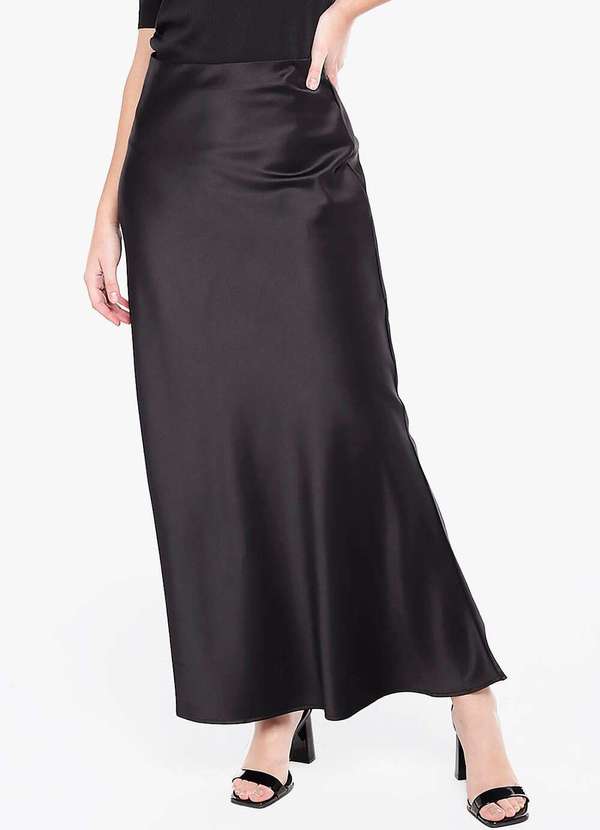 Sob - Saia Longa Preta de Cetim Evasê com Elastano - Preto 2