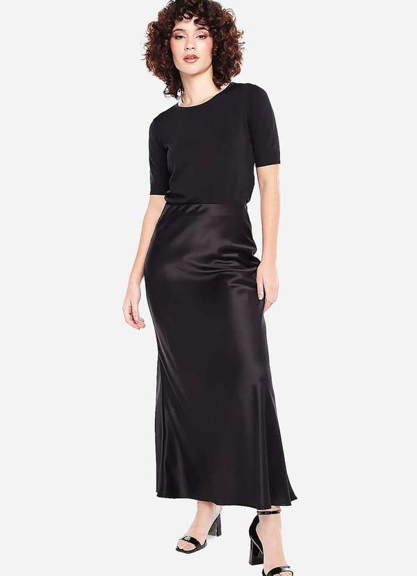 Sob - Saia Longa Preta de Cetim Evasê com Elastano - Preto 3