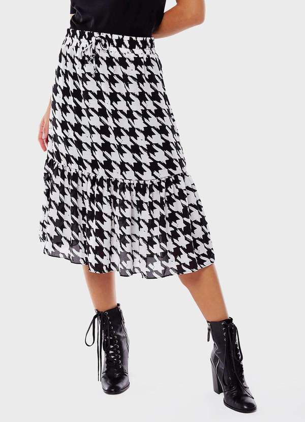 Sob Saia Midi Xadrez Pied de Poule Crepe Preta e Branca Sob Preto