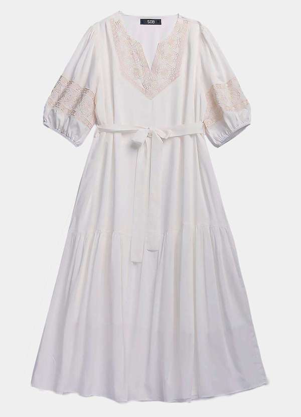 Sob - Vestido Branco Midi Bordado com Mangas Sob - Branco