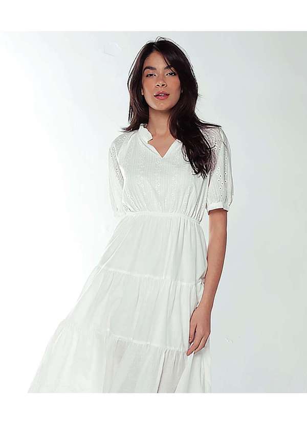 Sob - Vestido Branco Midi de Laise de Algodão com Mangas Branco 2