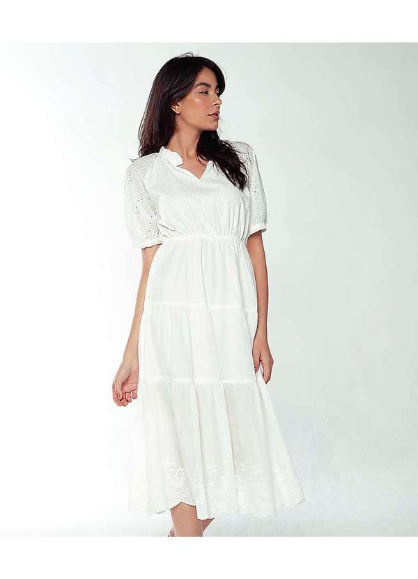 Sob - Vestido Branco Midi de Laise de Algodão com Mangas Branco 5