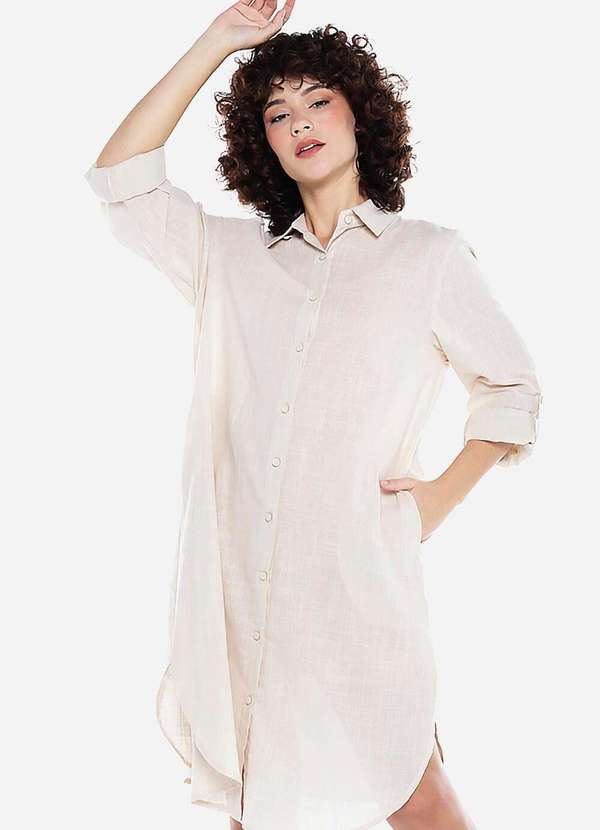 Sob - Vestido Camisa Bege Midi de Algodão com Bolsos Sob - Bege