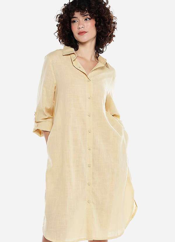Sob - Vestido Camisa Midi de Algodão com Bolsos - Bege 1
