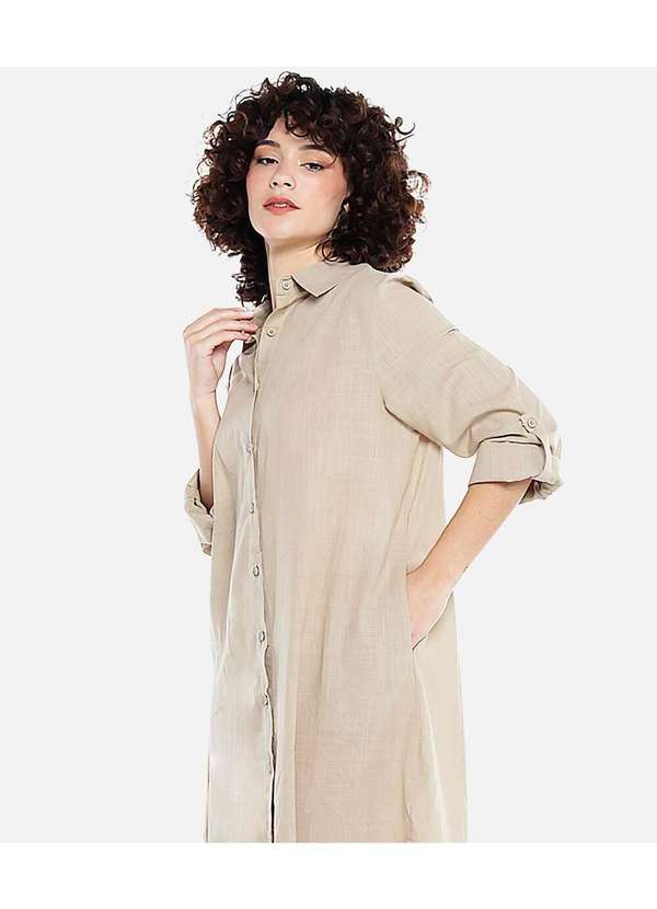 Sob - Vestido Camisa Midi de Algodão com Bolsos - Bege