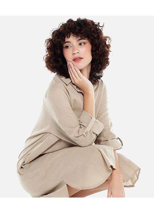 Sob - Vestido Camisa Midi de Algodão com Bolsos - Bege 2