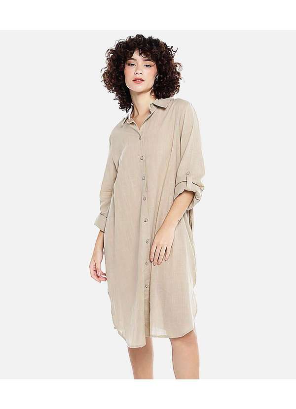 Sob - Vestido Camisa Midi de Algodão com Bolsos - Bege 3