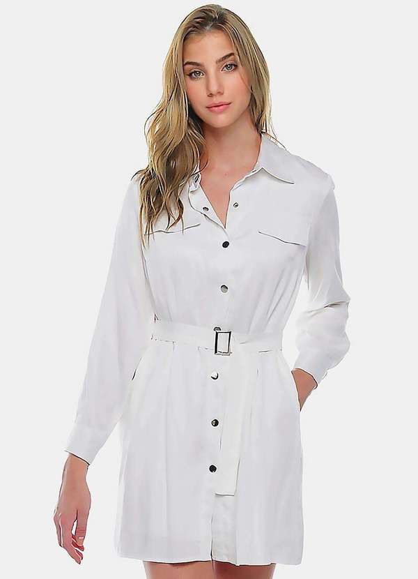 Sob - Vestido Chemise Manga Longa com Bolsos e Cinto - Branco