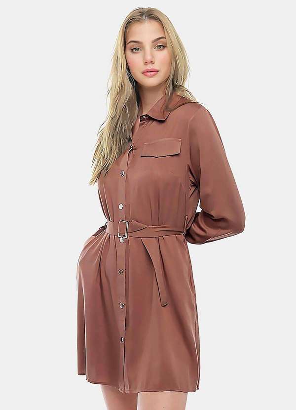 Sob - Vestido Chemise Manga Longa com Bolsos e Cinto Marrom