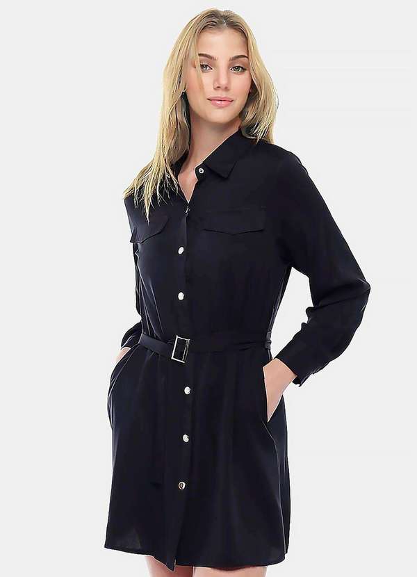 Sob - Vestido Chemise Manga Longa com Bolsos e Cinto Preto 2