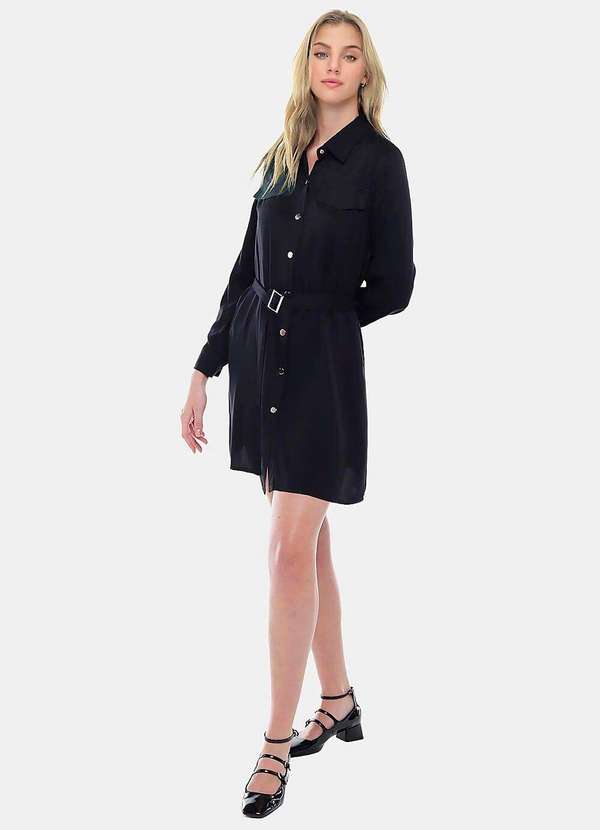 Sob - Vestido Chemise Manga Longa com Bolsos e Cinto Preto 4