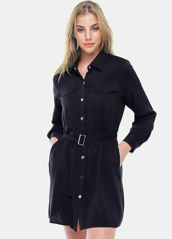 Sob - Vestido Chemise Manga Longa com Bolsos e Cinto Preto 5