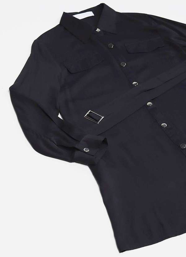 Sob - Vestido Chemise Manga Longa com Bolsos e Cinto Preto 6