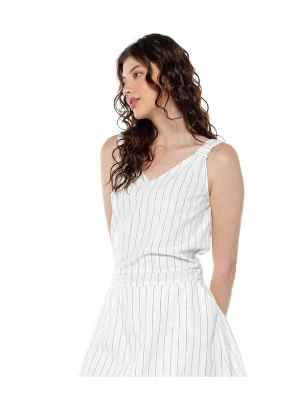 Sob - Vestido de Algodão Listrado Risca de Giz com Bolsos Branco 2